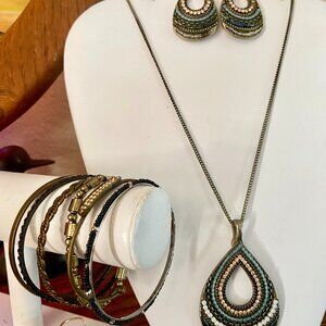 SW Teardrop Seed Bead Embedded Necklace Set, Antique Gold Tone, Unsigned